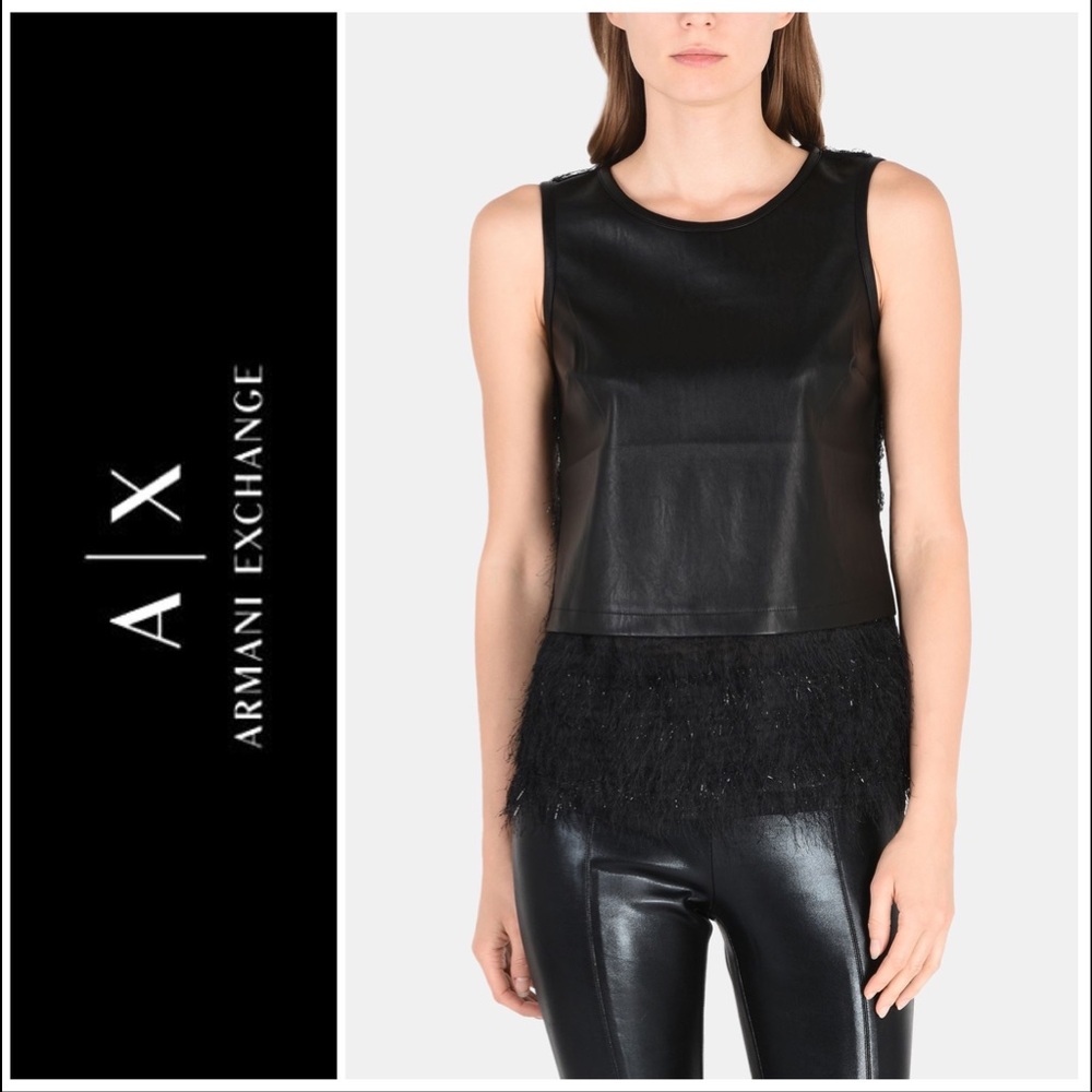 NWT ARMANI EXCHANGE FAUX-LEATHER AND FRINGE TOP